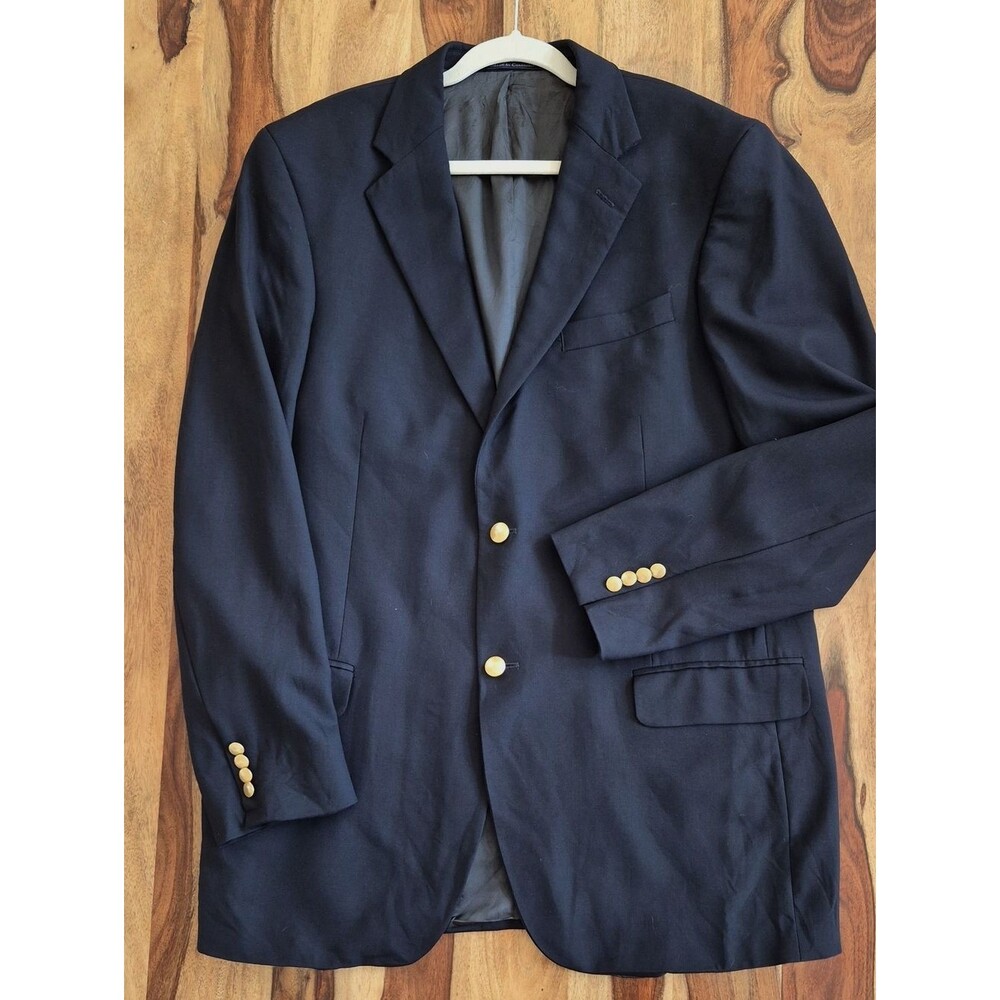 Lands End 100% Wool, Woven Smooth Blazer With Accent Goldtone Buttons Sz 44 Long